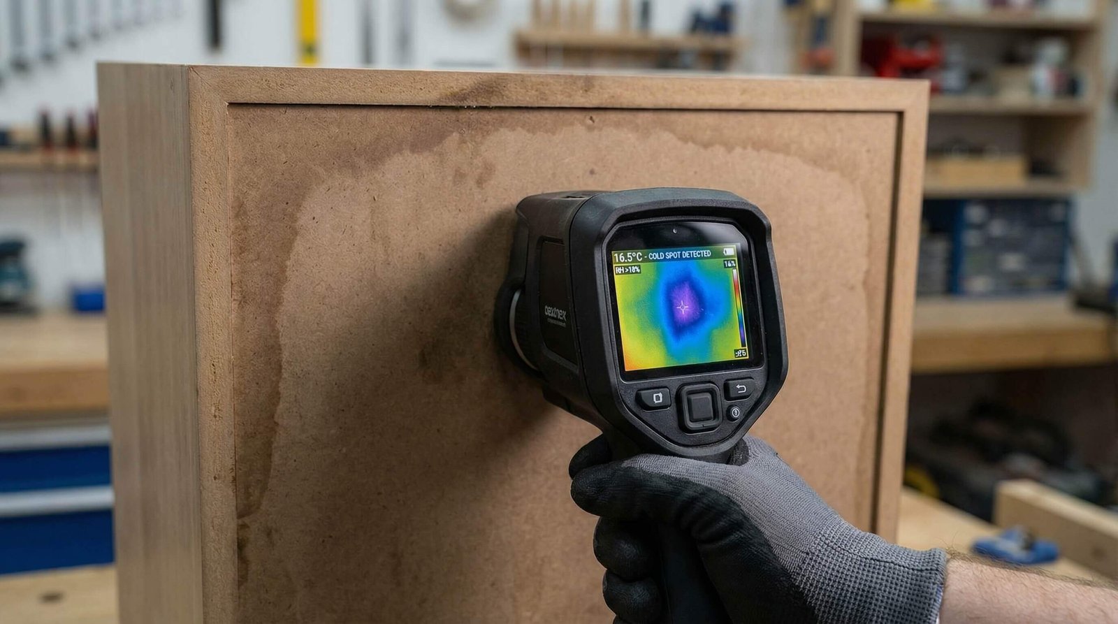Medidor de umidade detectando mofo oculto